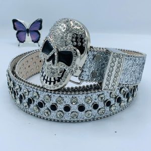 BB Simon Metallic Silver Skull Leather Belt