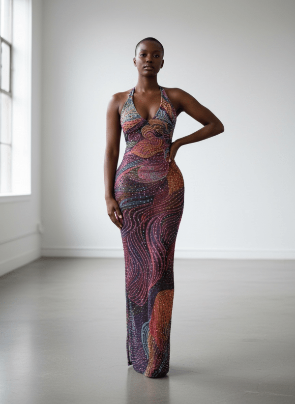Prismatic Swirl Beaded Halter Gown